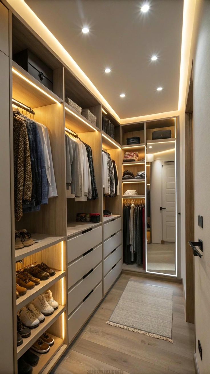 “Stylish closet interior design with organized shelves, modern wardrobe storage, hanging space, and elegant lighting for a functional and luxurious look.”
