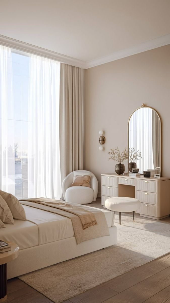 “Modern bedroom interior design with cozy textures, soft lighting, stylish furniture, and soothing colors creating a relaxing and elegant retreat.”