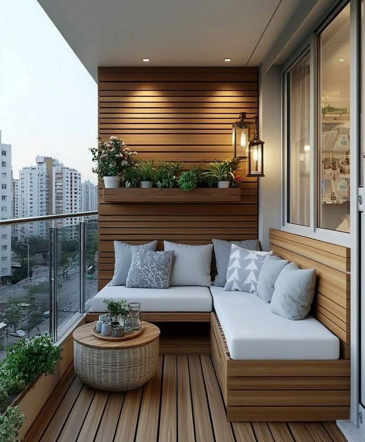 “Modern balcony decor design 2025 with cozy seating, greenery, rattan furniture, and warm lighting for a stylish indoor-outdoor retreat.”