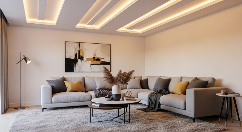 Simple Ceiling Decor Design That Transforms Any Room 5  A chic living room with a white POP ceiling featuring warm recessed LED lighting, modern furniture, and stylish contemporary decor.