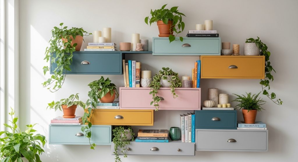 5 Recycled Furniture Design Ideas to Give Old Pieces New Life 3 “Bright modern wall display made from painted vintage drawers repurposed as shelves, decorated with plants, books, and candles in soft daylight.”