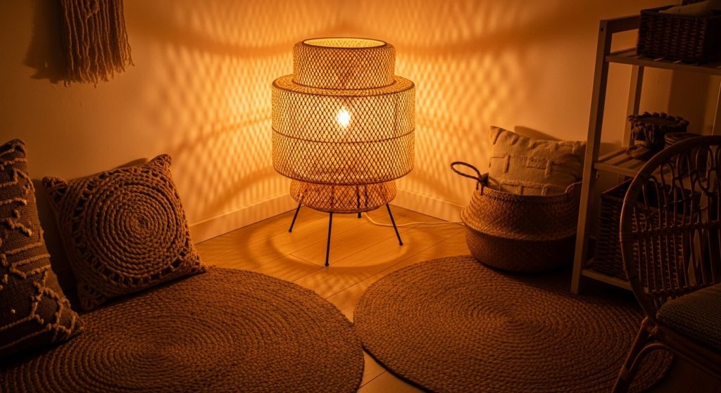 Creative Lighting Ideas for Small Room That Instantly Transform Your Space 12 
A compact room featuring a textured rattan lampshade diffusing warm light across woven elements, showcasing beautiful natural materials, eye-catching layered textures, and an amazing inviting warmth.