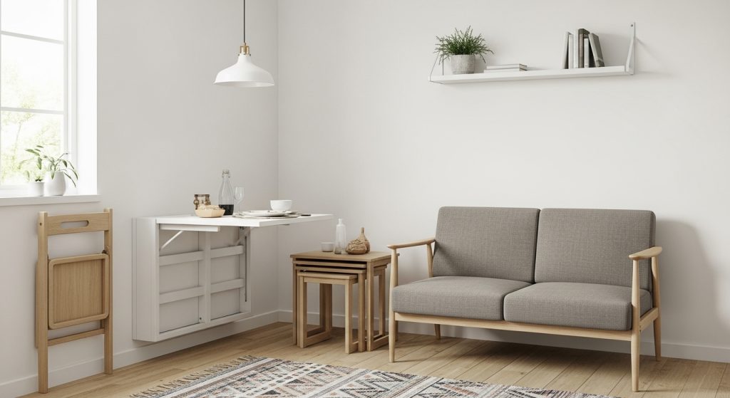  A compact living space with foldable furniture, nesting tables, and a small sofa, styled in a clean, Scandinavian-inspired design.
