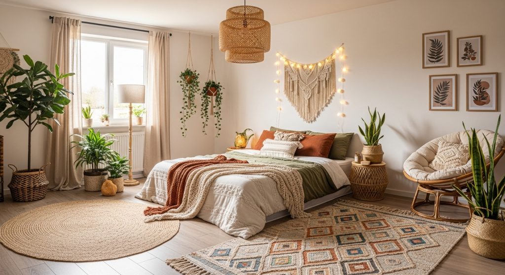 Boho Bedroom Decor on a Budget: Cozy & Chic Style for Less 10 A wide view of a Boho bedroom featuring textured bedding, woven rugs, plants, and layered lighting, creating a cohesive and cozy atmosphere.