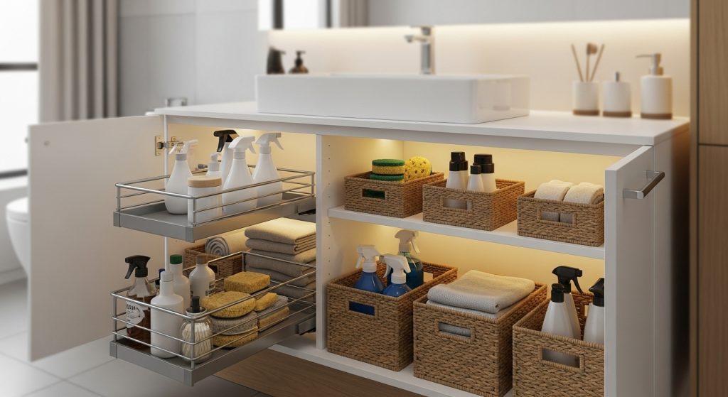10 Genius Bathroom Storage Hacks You’ll Wish You Knew Sooner 8 Modern bathroom under-sink cabinet with tiered racks and baskets neatly organizing cleaning products; bright, neutral-toned interior.