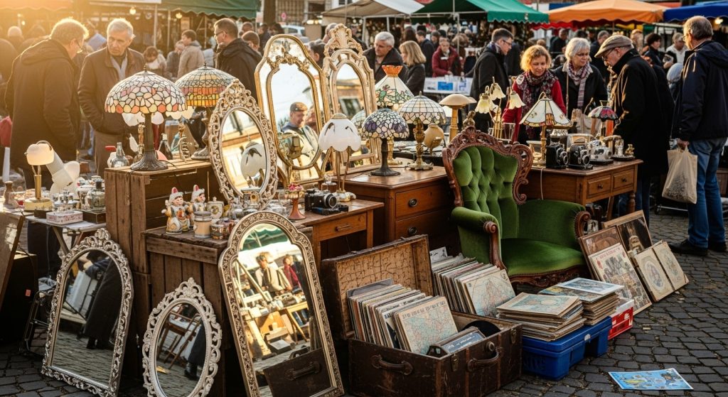 Vintage Style Interior on a Budget: Timeless Decor Tips 4 
A flea market scene showcasing vintage lamps, mirrors, and furniture arranged under warm natural light, creating a nostalgic and inviting atmosphere.