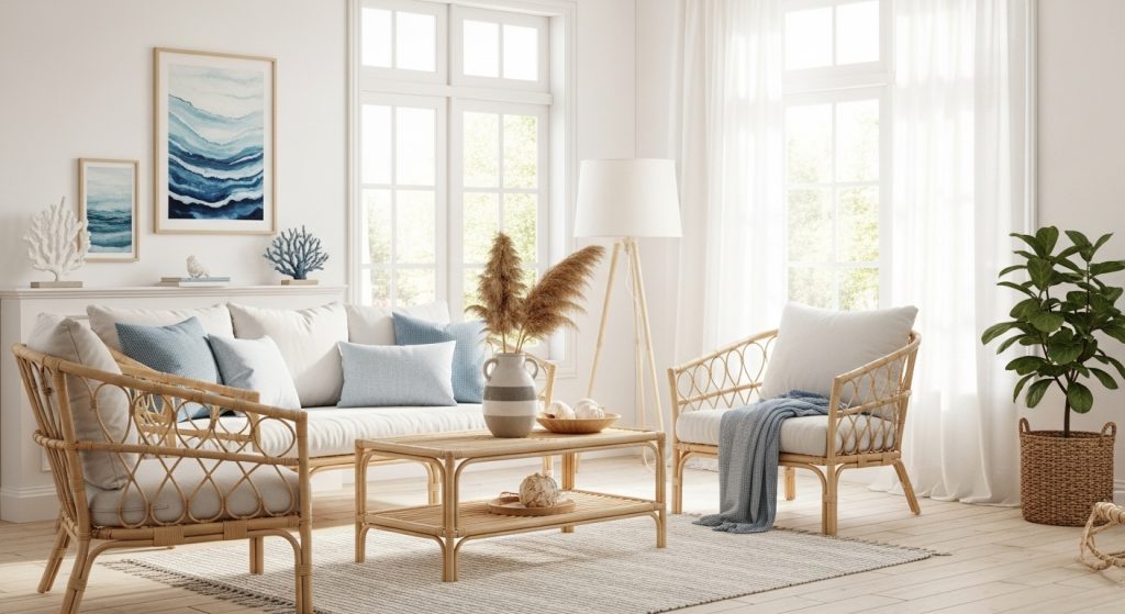 Coastal Home Styling: Calm & Beachy Decor Inspiration 1 
A bright, airy living room featuring whitewashed walls, rattan furniture, and soft blue accents, decorated with ocean-themed elements and illuminated by natural sunlight for a fresh coastal feel.
