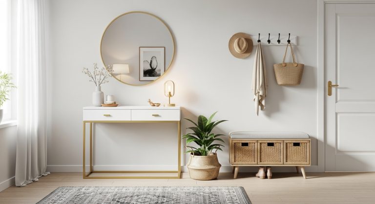 Entryway Makeover Ideas on a Budget: First Impression That Wow 10 A bright, budget-friendly entryway featuring a wooden console table, round mirror, woven basket, indoor plant, wall hooks with hats and bags, and a cozy rug — styled in neutral tones with warm natural light for a welcoming modern look.