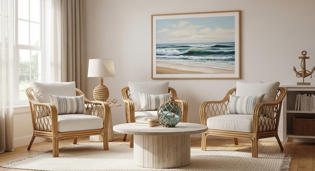 Coastal Home Styling: Calm & Beachy Decor Inspiration 5 
A coastal-style living room featuring rattan chairs, a light wood coffee table, ocean-inspired artwork, and subtle nautical décor accents for a relaxed, beachy atmosphere.