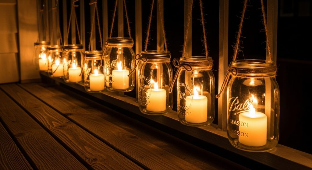 20 Creative Balcony Decoration Ideas You Can Try on a Budget 7 
Mason jars with LED candles hanging from twine on a balcony, casting a soft glow on wooden surfaces at night, creating beautiful reflections and rustic, homemade elegance.