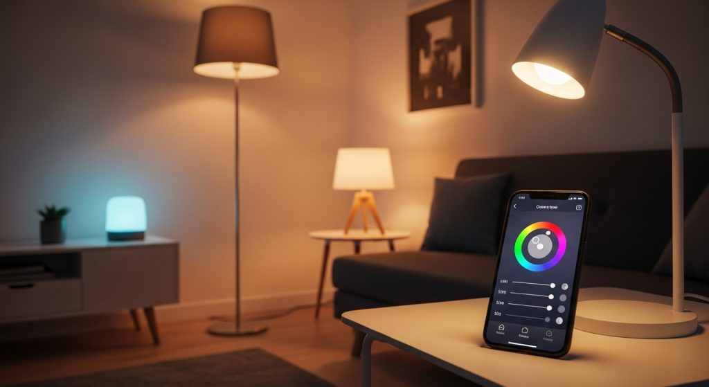Creative Lighting Ideas for Small Room That Instantly Transform Your Space 11 
A modern small space illuminated by smart bulbs controlled through a phone app, showcasing a beautiful tech-integrated glow, eye-catching seamless lighting control, and an amazing convenient ambiance.