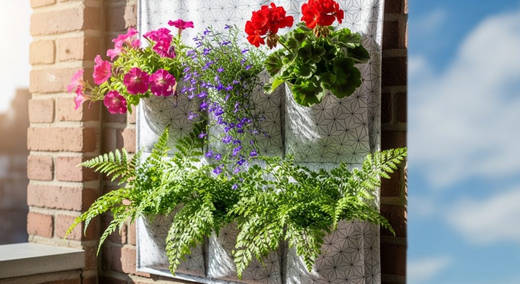 20 Creative Balcony Decoration Ideas You Can Try on a Budget 5 
A fabric pocket organizer hanging on a balcony wall, filled with colorful flowers and ferns, captured in bright daylight with rich patterns and layered foliage creating a stunning vertical garden display.