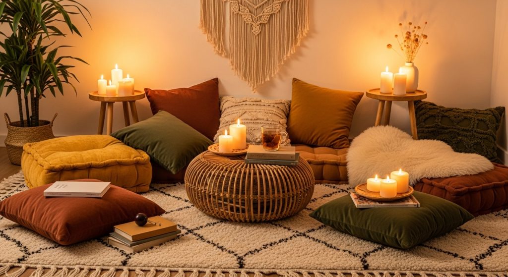 Boho Bedroom Decor on a Budget: Cozy & Chic Style for Less 8 A small Boho reading corner with floor cushions, a rattan pouf, soft rug, and candles creating a warm, calming, and intimate atmosphere.