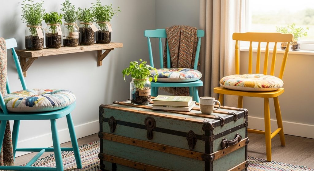 Eco Friendly Home Interior: Natural Ways to Decorate Sustainably 5 
A cozy corner decorated with upcycled furniture, including a vintage wooden trunk used as a coffee table, repainted chairs, and glass jar planters, creating a charming eco-friendly space.