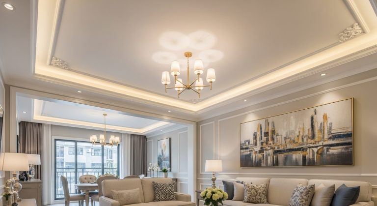 Simple Ceiling Decor Design That Transforms Any Room 9 ALT Text: A modern living room with elegant simple ceiling décor featuring recessed lighting, subtle molding, and a stylish chandelier. The space has cozy neutral furniture, warm lighting, and a bright, luxurious yet affordable aesthetic.