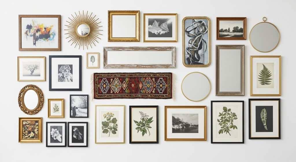 Wall Rug Placement Ideas to Add Warmth & Texture to Any Room 8 
An eclectic gallery wall featuring framed artwork, a small woven rug as the centerpiece, and decorative mirrors arranged on a white wall for a creative, stylish look.