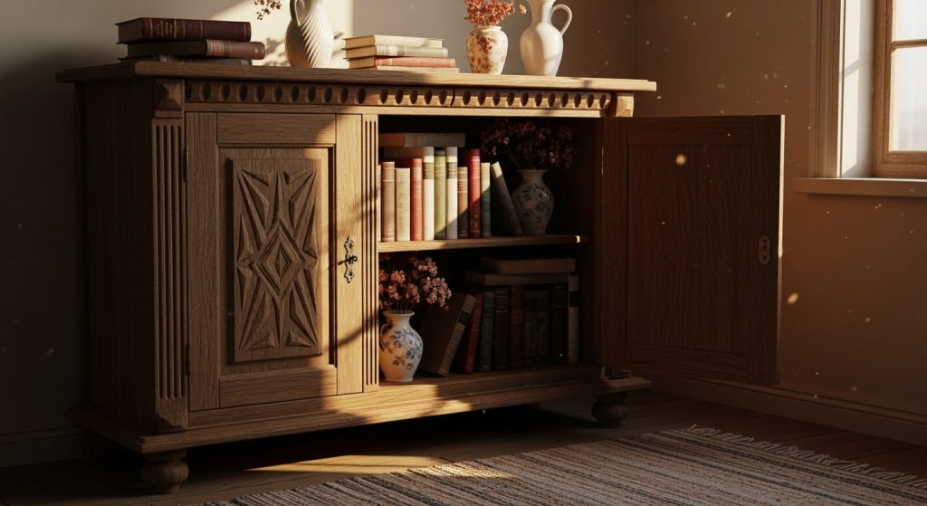 Accent Furniture for Decor: Statement Pieces That Elevate Any Room 5 A vintage wooden cabinet filled with books and decorative vases placed in a cozy corner, surrounded by soft shadows and warm tones. The scene evokes a sense of history, timeless charm, and elegant style — perfect for classic home décor inspiration.