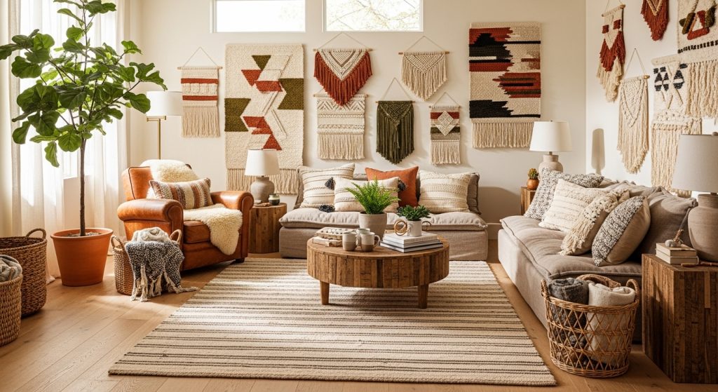 Wall Rug Placement Ideas to Add Warmth & Texture to Any Room 11 
A softly lit living space featuring wall rugs, cozy furniture, and natural textures in earthy tones, creating a warm and inviting atmosphere.