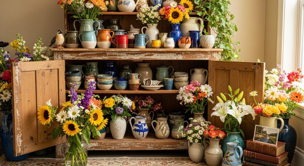 Accent Furniture for Decor: Statement Pieces That Elevate Any Room 23 A captivating image of a thrifted cabinet filled with colorful pottery and fresh flowers, set in a cozy, homey space. The natural elements — wooden textures, soft lighting, and earthy tones — create a warm, inviting atmosphere that blends creativity, charm, and rustic elegance.