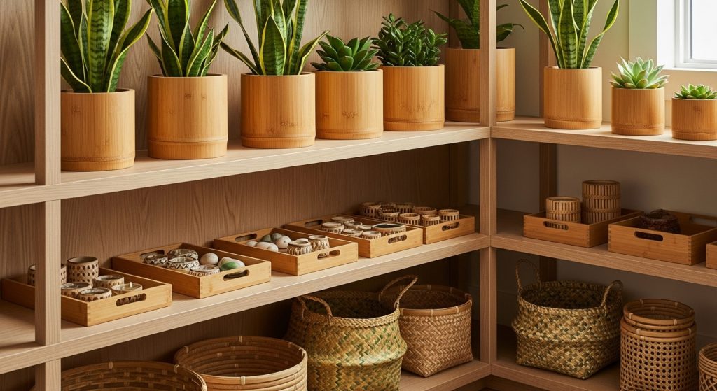 Bamboo Interior Ideas: Natural & Affordable Décor Inspiration 6 **“Stylish interior corner with bamboo decor items like planters, trays, and baskets neatly arranged on open shelves in a warm, modern setting.”**