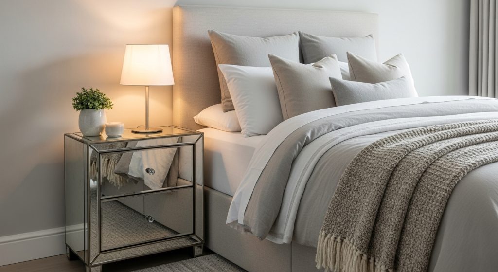 Mirror Decoration Ideas for Bedroom: Brighten Up Your Space 4 **“Bedroom with a mirrored nightstand, cozy bed, warm lamp light, and neutral tones creating a calm and elegant atmosphere.”**