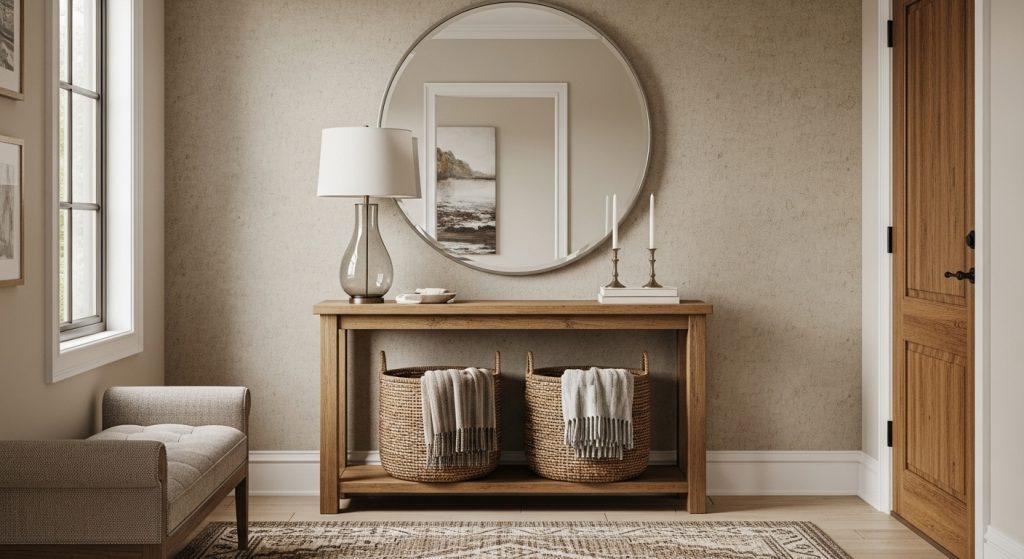 Entryway Makeover Ideas on a Budget: First Impression That Wow 10  Entryway featuring a mix of textures with a wooden console, fabric bench, metal-framed mirror, and woven storage baskets for a cozy, stylish look.