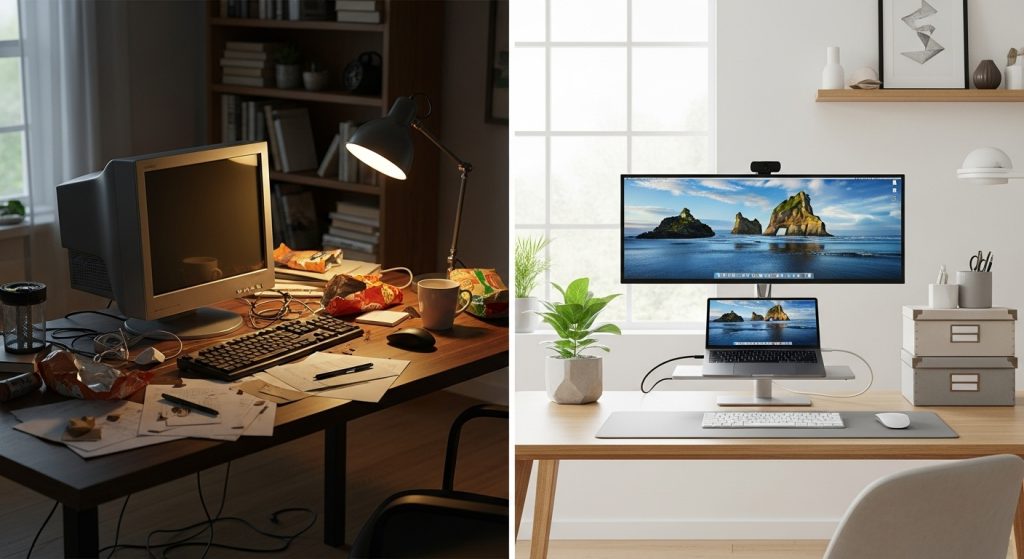 Minimalist Home Office Setup: Create a Productive & Calm Workspace 3  Before-and-after image of a desk transformation — from cluttered to clean minimalist workspace with organized storage.