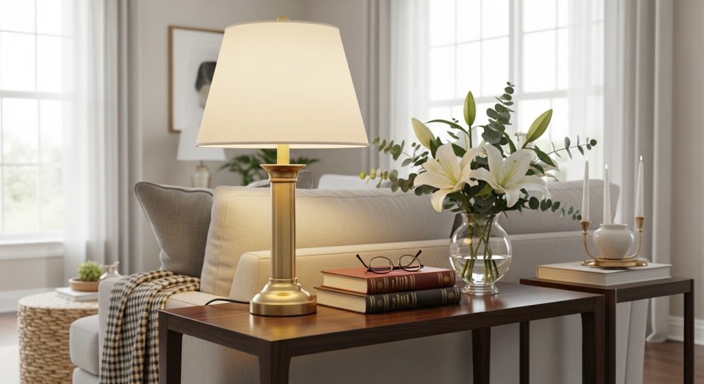 Accent Furniture for Decor: Statement Pieces That Elevate Any Room 11 An elegant side table styled with a decorative lamp, stacked books, and a vase of fresh flowers in a bright, well-lit living area. The scene highlights sophistication and practicality with high-resolution textures, warm lighting, and refined décor elements that enhance the cozy, modern atmosphere.