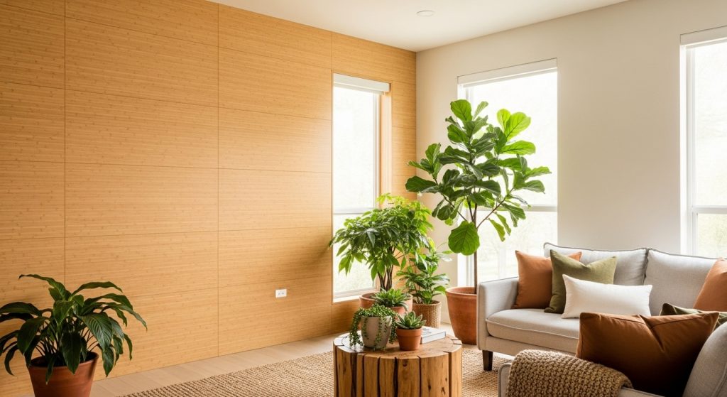 Bamboo Interior Ideas: Natural & Affordable Décor Inspiration 1 **“Modern living room with bamboo wall panels, neutral decor, green plants, and warm natural lighting creating an earthy, cozy atmosphere.”**
