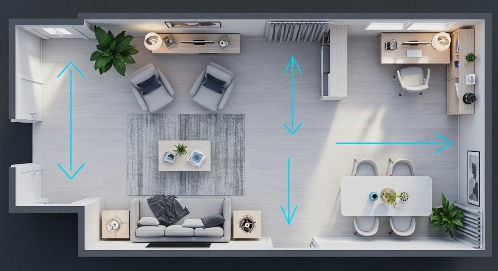 Accent Furniture for Decor: Statement Pieces That Elevate Any Room 18 A stunning overhead view of a room layout featuring strategically placed accent pieces, with arrows indicating movement and flow. The clean, professional design highlights spatial balance, functionality, and modern interior planning in an elegant, visually engaging composition.