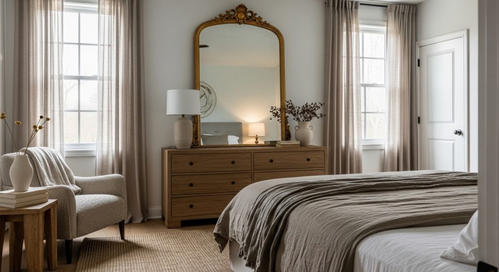 Mirror Decoration Ideas for Bedroom: Brighten Up Your Space 10 A stylish bedroom with balanced mirror placement, soft warm lighting, and natural textures, creating an elegant and cohesive modern look.