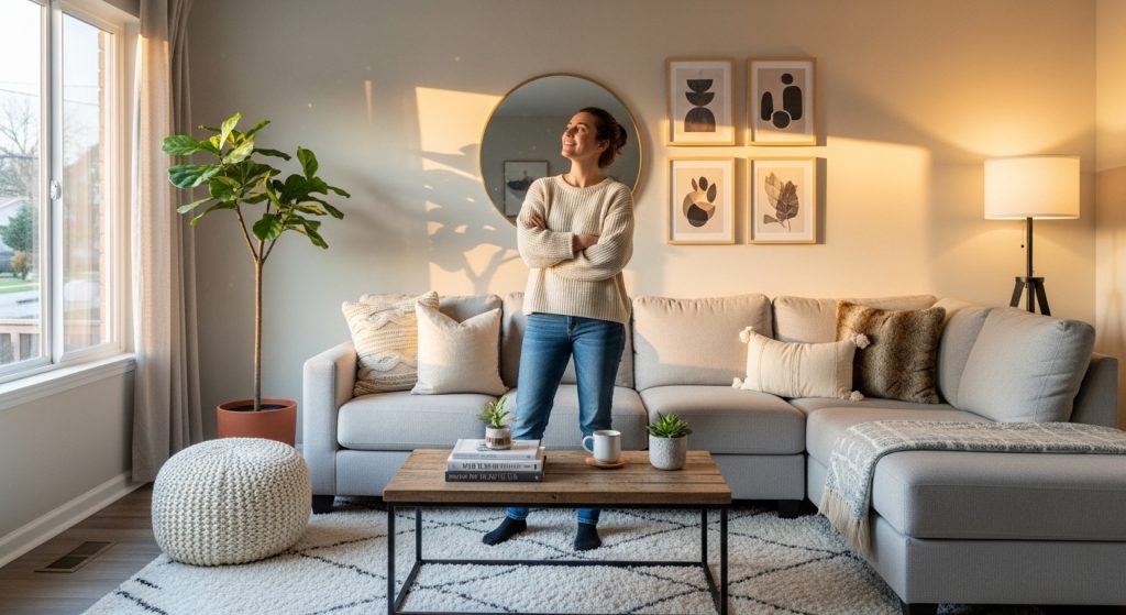 Budget Friendly Home Makeover Ideas You Can Try This Weekend 12 A joyful homeowner admiring their freshly updated living room, radiating warmth, simplicity, and comfortable style.