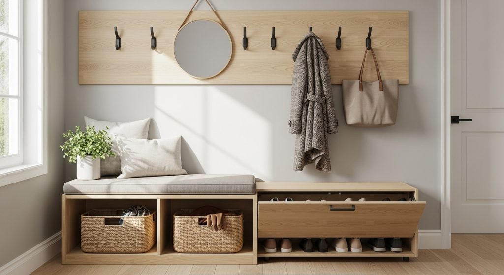 Entryway Makeover Ideas on a Budget: First Impression That Wow 3  Bright and inviting entryway featuring a bench with hidden shoe storage, woven baskets, and wall hooks for coats.