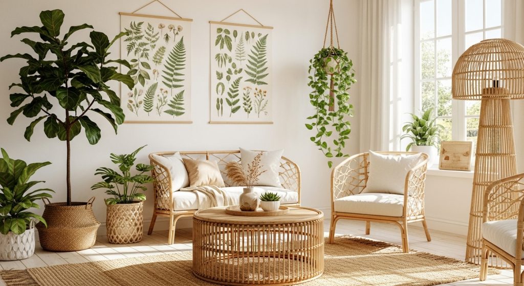  A serene living room with botanical wall prints, rattan accents, indoor plants, and natural sunlight, creating a warm and eco-friendly aesthetic.

