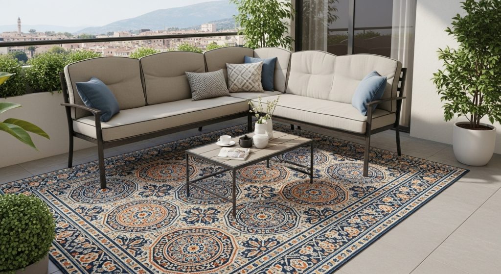 20 Creative Balcony Decoration Ideas You Can Try on a Budget 14 
A patterned outdoor rug covering a balcony floor beneath cozy furniture, captured in bright daylight, showcasing beautiful designs and adding warmth and comfort to the space.