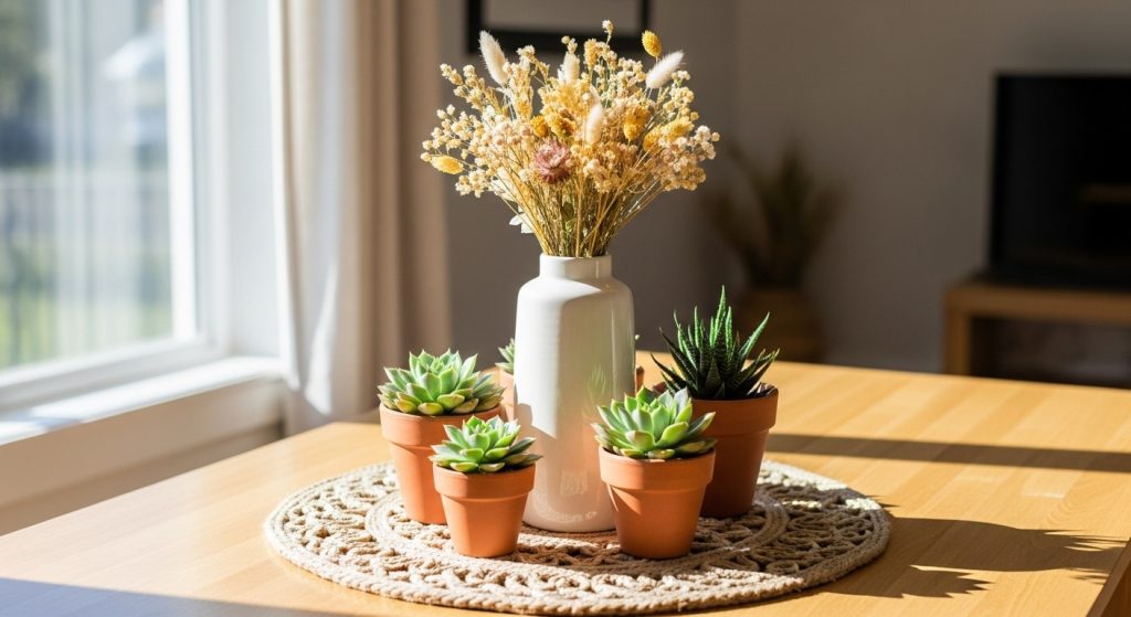 DIY Center Table Decor Ideas for Living Room 4 A center table styled with a vase of dried flowers, succulents, and a woven mat, illuminated by soft daylight for a fresh, natural ambiance.