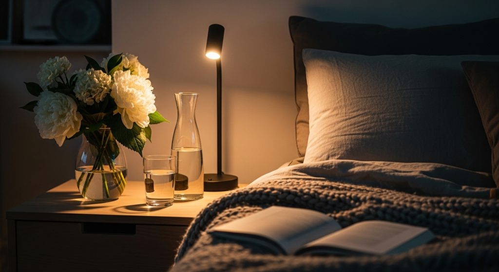 How to Set Up a Guest Room on a Budget: Stylish Ideas 4 
Bedside setup with fresh flowers, a carafe of water, a soft reading lamp, and cozy layered textures in a realistic lifestyle setting.