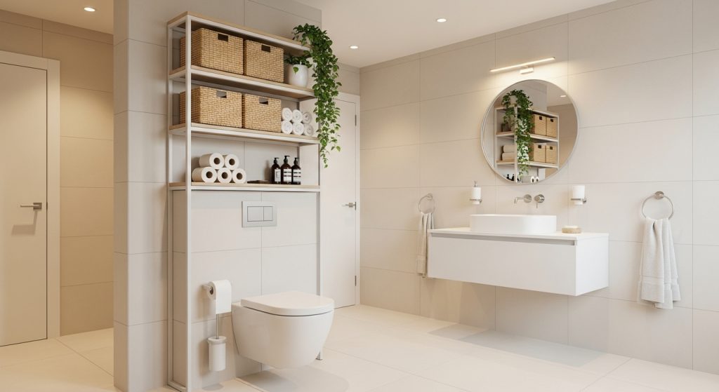 10 Genius Bathroom Storage Hacks You’ll Wish You Knew Sooner 5 
Sleek bathroom with a stylish over-the-toilet storage cabinet holding baskets, toilet rolls, and a small plant, in bright neutral tones.