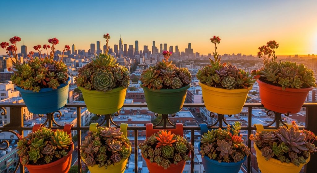 20 Creative Balcony Decoration Ideas You Can Try on a Budget 4 
Colorful hanging planters filled with succulents and vibrant blooms dangle from a balcony railing at sunset, with a city view backdrop creating a serene and naturally beautiful scene.