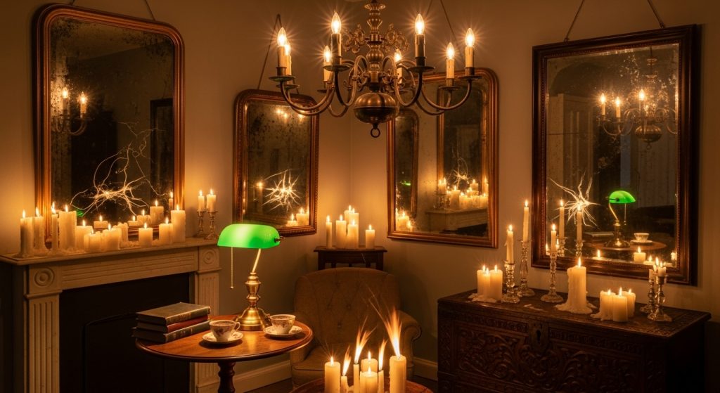 Vintage Style Interior on a Budget: Timeless Decor Tips 8 
A softly lit room with a vintage chandelier, brass lamp, and flickering candlelight reflecting off antique mirrors, creating a warm and nostalgic ambiance.