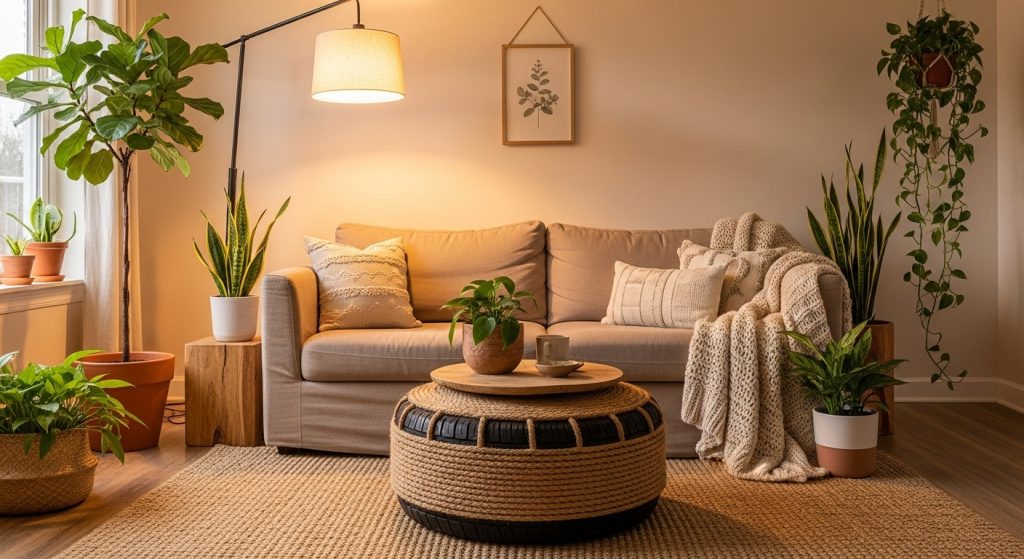 5 Recycled Furniture Design Ideas to Give Old Pieces New Life 5 “Cozy living room with a jute-wrapped tire ottoman beside a sofa, styled with soft lighting and indoor plants for a handcrafted natural look.”