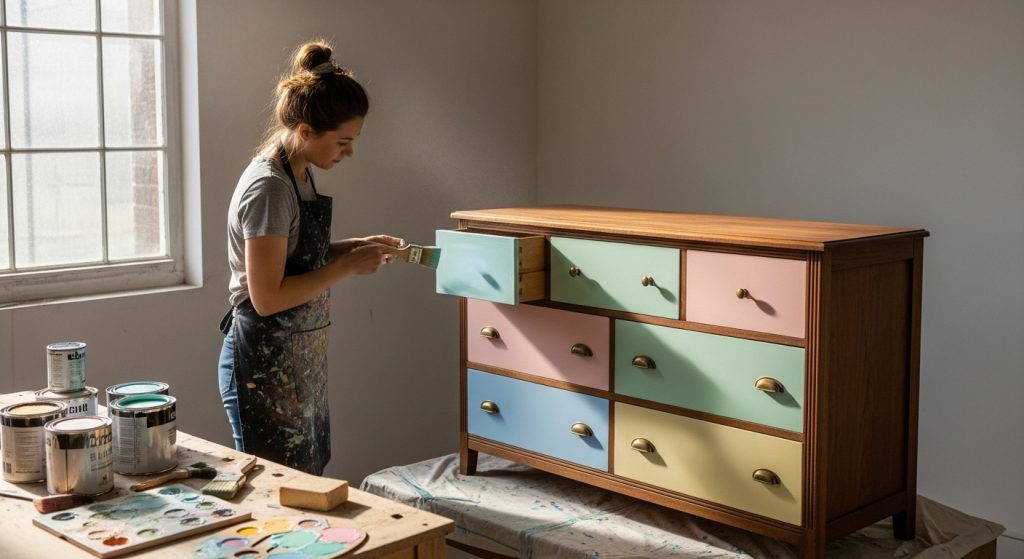 Budget Friendly Home Makeover Ideas You Can Try This Weekend 6 A DIY enthusiast repainting a vintage wooden dresser in soft pastel tones, creating a clean and modern look.