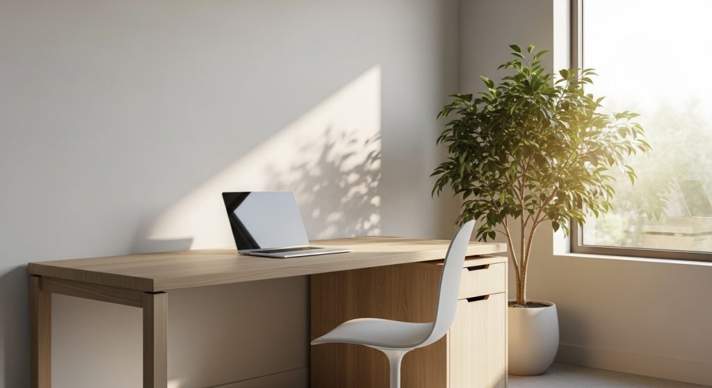 Minimalist Home Office Setup: Create a Productive & Calm Workspace 1  Bright minimalist home office with wooden desk, laptop, sleek chair, and indoor plant — neutral tones and natural sunlight creating a clean, modern look.