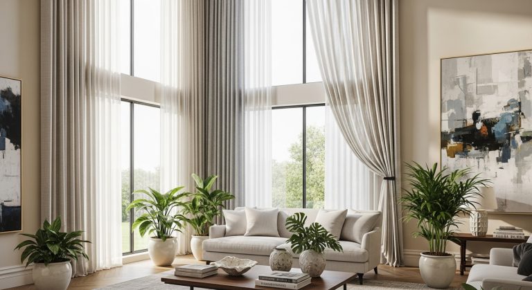 Modern Curtain Design for Living Room That Instantly Upgrade Your Space 4 Modern curtain design for living room featuring floor-to-ceiling sheer curtains paired with textured drapes in neutral tones, large windows, cozy sofa, indoor plants, and elegant décor creating a luxurious yet inviting atmosphere.