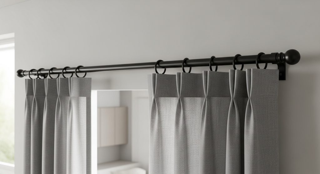 Modern Curtain Design for Living Room That Instantly Upgrade Your Space 7 A close-up of a matte black curtain rod with soft gray drapes against a modern minimalist background.