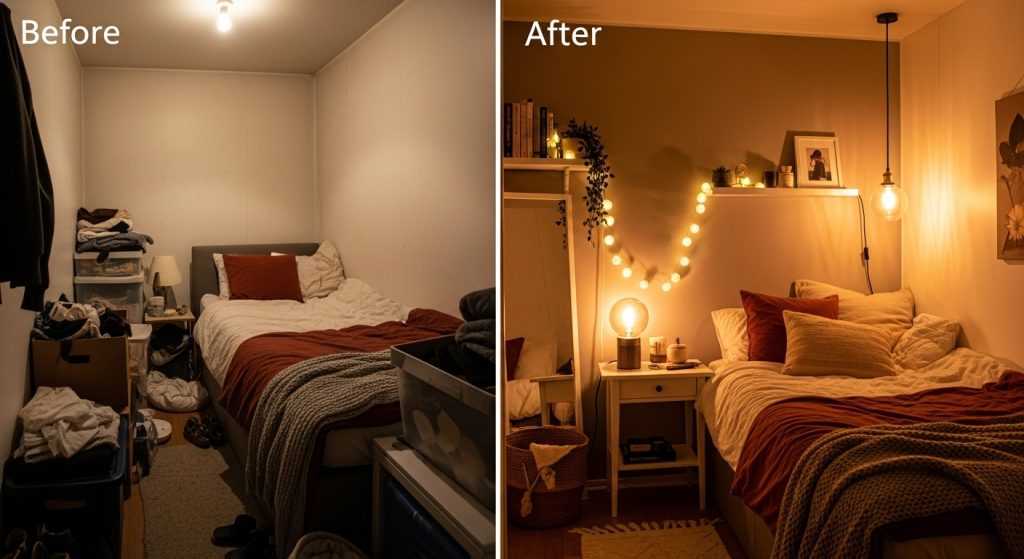 Creative Lighting Ideas for Small Room That Instantly Transform Your Space 1 
A before-and-after image of a small bedroom transformation, showing a cramped, dim space turned into a warm and inviting room with layered lighting, soft golden tones, and glowing walls. The high-resolution scene captures the beautiful illumination and cozy ambiance, highlighting an amazing transformation vibe.