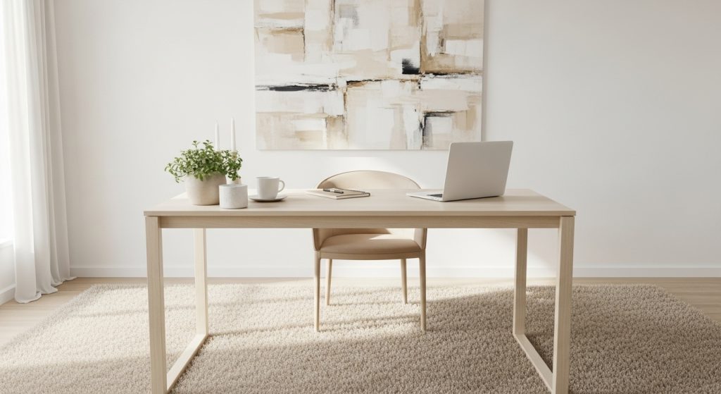 Minimalist Home Office Setup: Create a Productive & Calm Workspace 8 A minimalist office setup in beige and white tones with a wooden desk, soft textured rug, and abstract wall art creating a calm and stylish workspace.