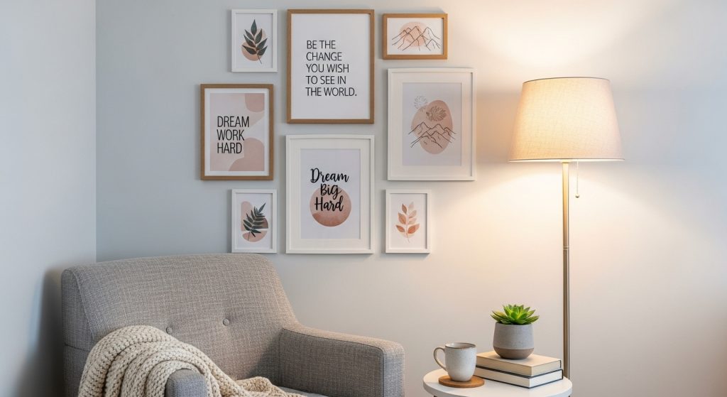 ALT Text: A cozy corner with framed quotes and small art prints on the wall, softly lit with warm lighting, creating a minimalist and inspiring vibe.
