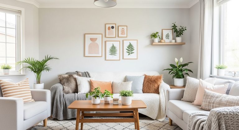 Budget Friendly Home Makeover Ideas You Can Try This Weekend 5 A bright, budget-friendly living room makeover with neutral tones, cozy pillows, indoor plants, DIY art, and warm natural light creating a modern, inviting feel.