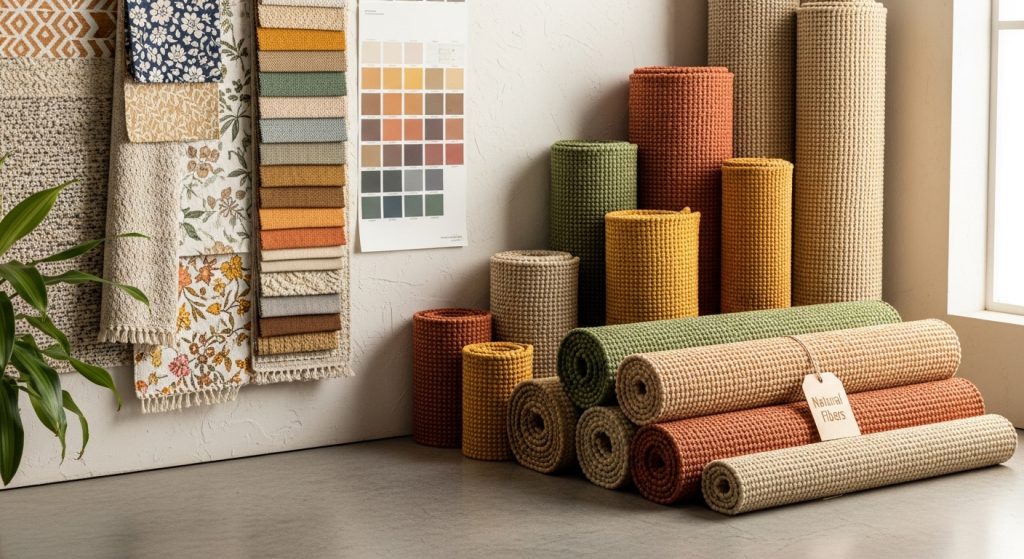 Wall Rug Placement Ideas to Add Warmth & Texture to Any Room 3 
A collection of rolled-up woven rugs in earthy tones displayed beside a wall with fabric samples and paint swatches, showcasing natural interior design materials.